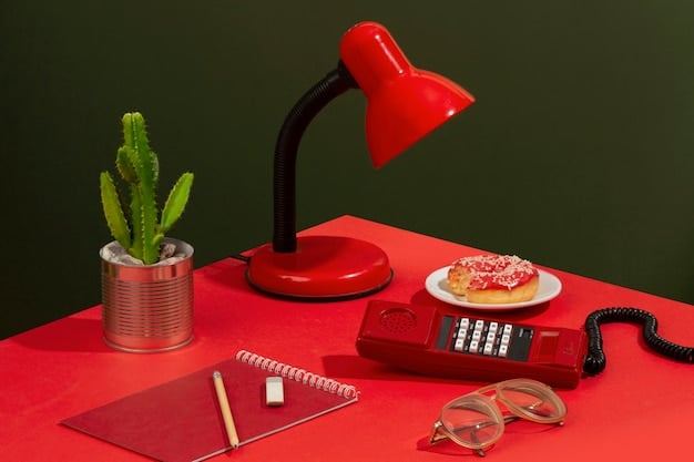 A close-up of a well-organized desk surface, featuring a modern desk lamp, a chic pen holder, and a small, vibrant potted plant, all suggesting a tidy and inspiring workspace.