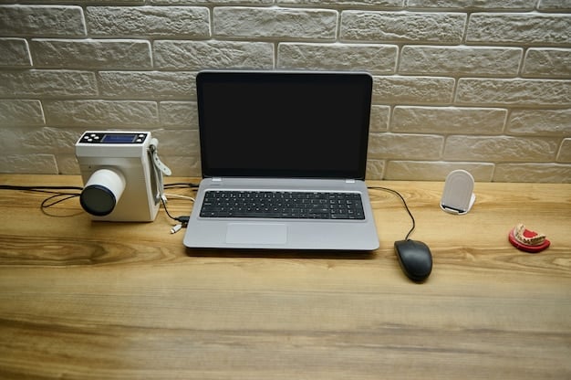 A well-arranged desk with a laptop on an ergonomic stand, an external mouse, and a keyboard. There's also a power strip with neatly organized cables, emphasizing tidiness and efficiency.