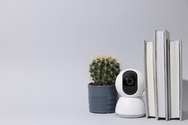 A close-up of a small, discreet smart home security camera from SHEIN, placed subtly on a bookshelf, illustrating its integration into a daily home environment.