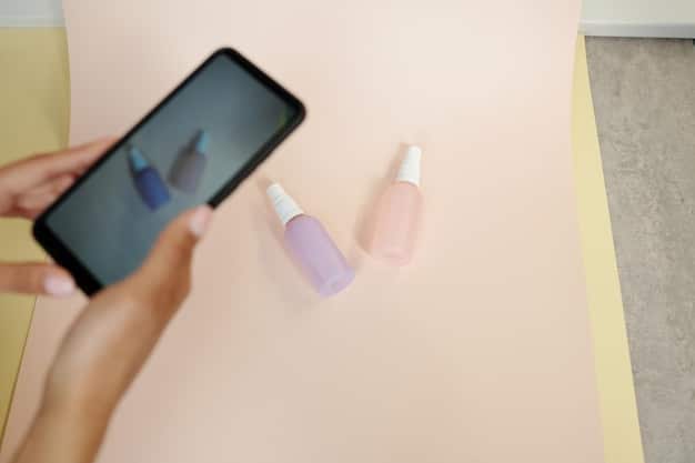 A person's hand holding a smartphone, with a beauty ingredient database app open on the screen, showing a search bar and results for a chemical name.