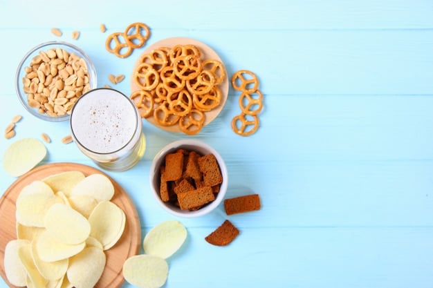 A flat lay showing various unhealthy processed snack foods like potato chips, sugary cereals, and soda cans, contrasting with a small, blurred background of fresh fruits to emphasize poor dietary choices.