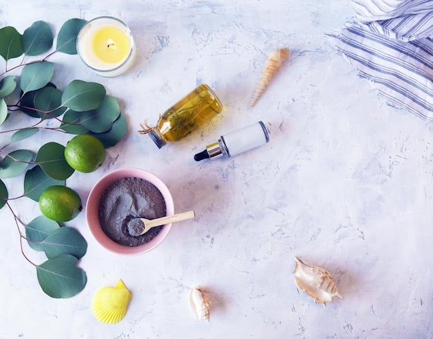 A flat lay display of gentle, calming skincare products—a cleanser, a serum with soothing ingredients like Cica or Niacinamide, and a rich moisturizer—arranged aesthetically on a clean, soft background.