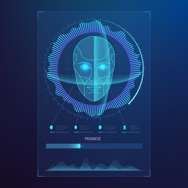 A stylized interface showing AI analyzing a face, with data points and graphs overlaid on the skin, demonstrating advanced diagnostic technology for personalized skincare recommendations.