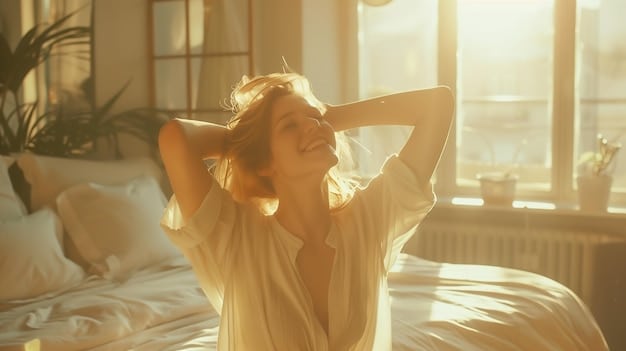 A serene woman with beautiful, flowing hair and bright skin, waking up refreshed in a sunlit bedroom.