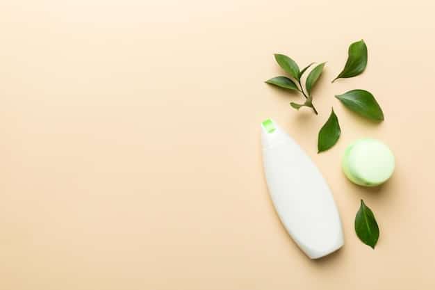 A minimalist flat lay of high-quality shampoo and conditioner bottles, possibly with natural ingredients like aloe vera or essential oils visible nearby, conveying a sense of clean and healthy hair care.