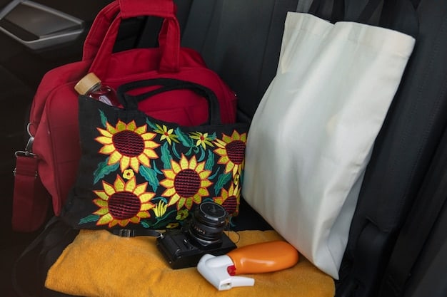 A detailed shot of the interior of a well-organized tote bag, showing multiple compartments with a mobile phone, a small notebook, pens, and a wallet neatly arranged inside. The bag's lining is visible, suggesting quality.