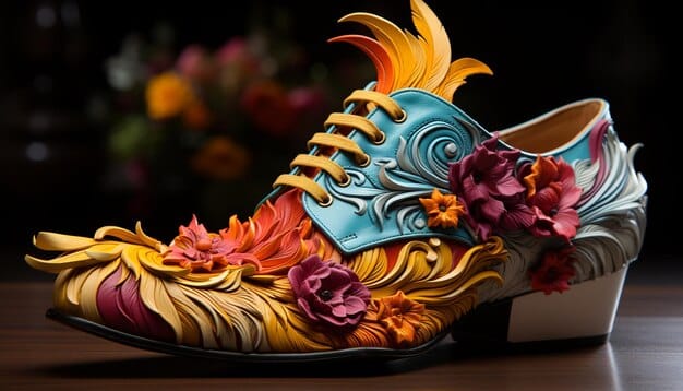 A pair of vibrantly colored, intricately designed unique shoes, possibly highlighting embroidered details or unusual silhouettes, placed on a simple background to emphasize their artistic quality.