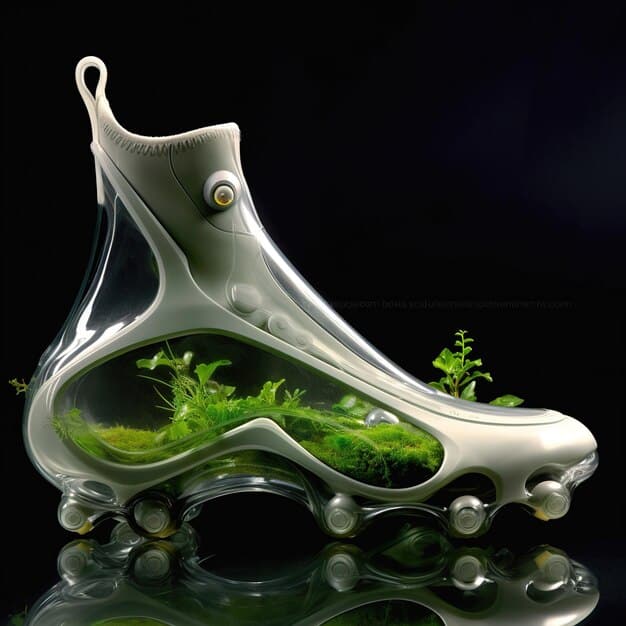 A graphic rendering of a sustainable and ethical manufacturing process for shoes, showing eco-friendly materials and fair labor conditions, contrasting with the fast fashion model.