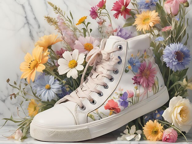 A pair of SHEIN-branded canvas sneakers, half-finished with a vibrant, hand-painted floral design, placed on a pastel-colored desk with various fabric pens and small containers of glitter next to them.