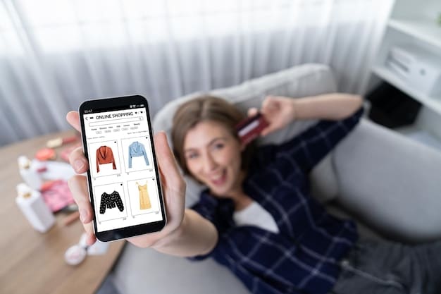 A person holding up a smartphone, clearly showing the Shein app, while the other hand points to a highlighted section of a product description mentioning sustainable materials or a certification, set against a blurred background of a modern clothing rack.