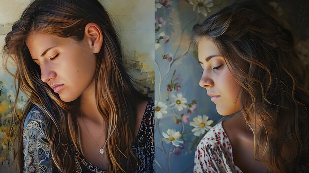 A split image showing a woman's face. One side depicts natural, light daytime makeup and loosely styled hair. The other side shows the same woman with more defined eye makeup, a bolder lip color, and her hair styled into an elegant updo, illustrating the makeup and hair transformation.