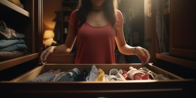 A person thoughtfully decluttering a closet, surrounded by neatly folded clothes and some items placed aside for donation, emphasizing intentionality and self-reflection in the process.