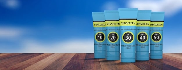 A highly organized shelf displaying various sunscreen bottles, some with new labels, and a magnifying glass over one, symbolizing careful selection of sunscreen.