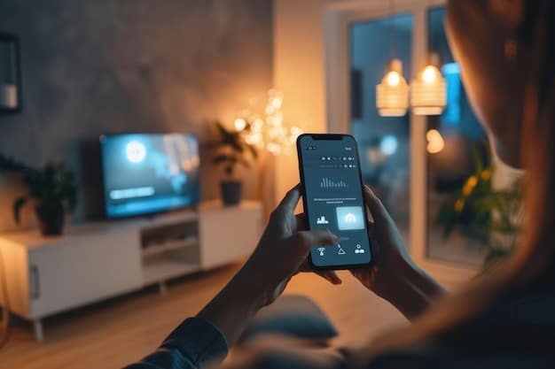 A pair of hands operating a smartphone app, displaying controls for smart home devices, with blurred lights in the background suggesting automated smart lighting in a living room.