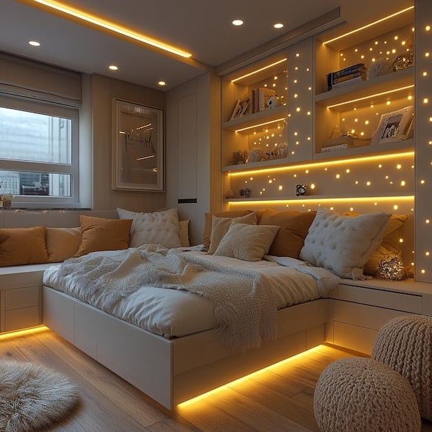 A cozy bedroom in a small apartment, featuring warm, layered lighting from an elegant floor lamp and decorative LED strip lighting behind a bed, sourced from SHEIN Home.